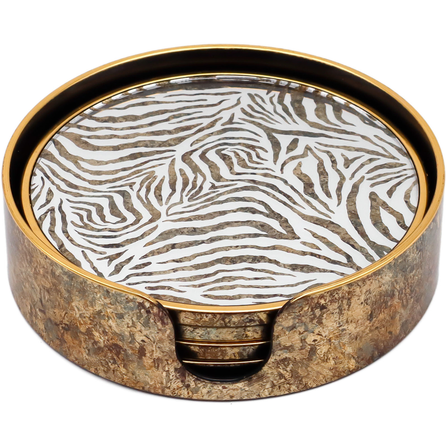 Set of 4 Zebra Print Round Drink Coasters with Holder - Bronze - Image 2