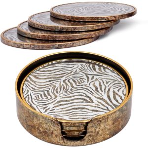 Set of 4 Zebra Print Round Drink Coasters with Holder - Bronze