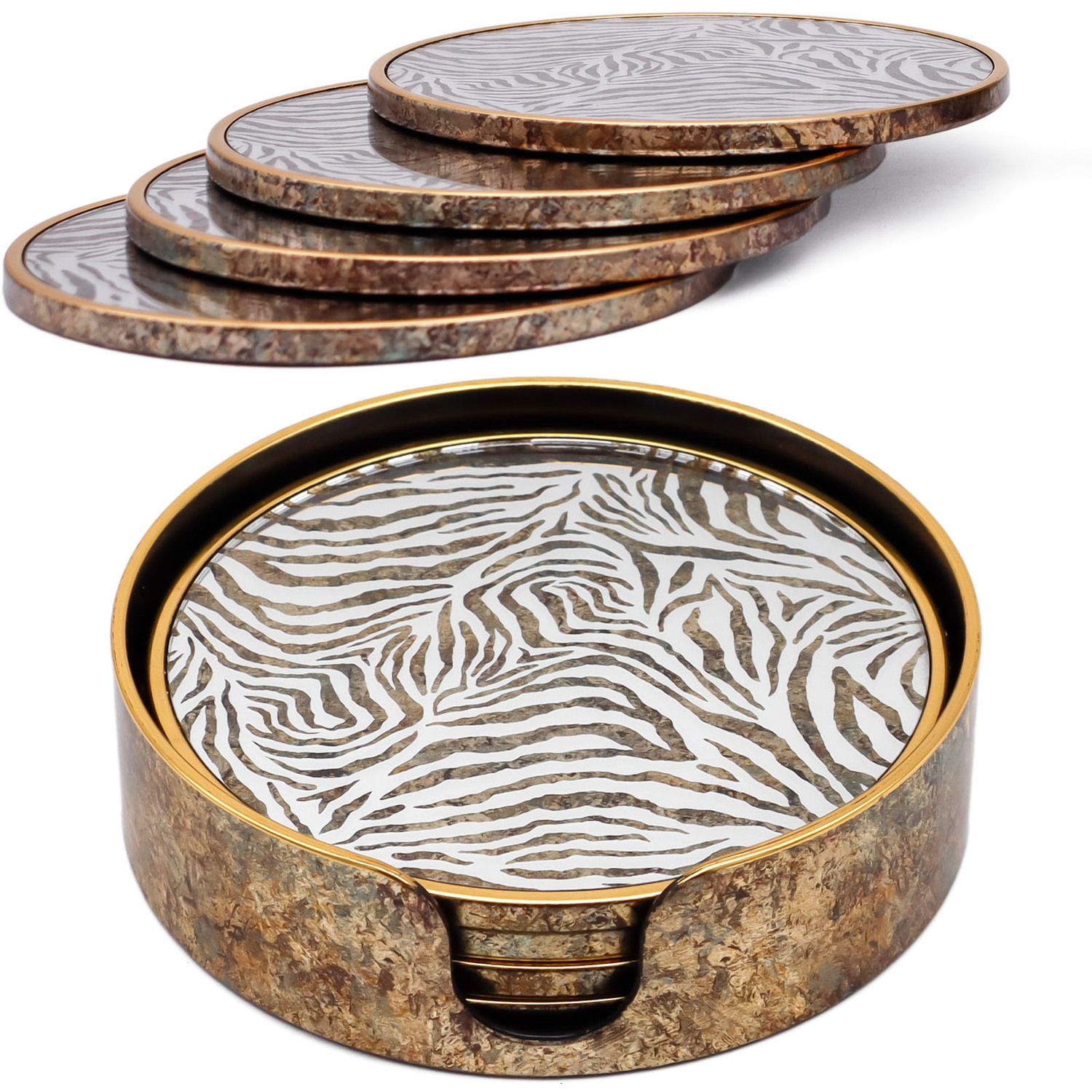 Set of 4 Zebra Print Round Drink Coasters with Holder - Bronze