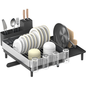 SONGMICS Expandable Stainless Steel Dish Drying Rack with Drain Spout