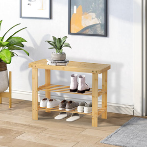 Bamboo Bench with 2 Tier Shoe Rack - Natural Wood Colour