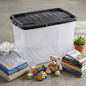 2 x 80L Curved Plastic Storage Box with Black Lid Heavy-Duty & Stackable - Clear