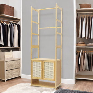 Bamboo Hall Tree Coat Stand With Shoe Rack And Storage Cabinet - Natural Brown - Image 2