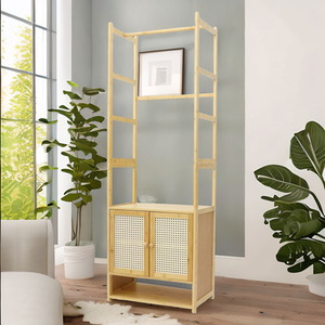 Bamboo Hall Tree Coat Stand With Shoe Rack And Storage Cabinet - Natural Brown - Image 3