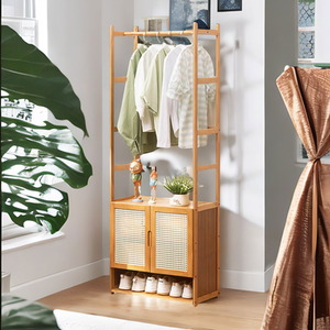 Bamboo Hall Tree Coat Stand With Shoe Rack And Storage Cabinet - Natural Brown - Image 4